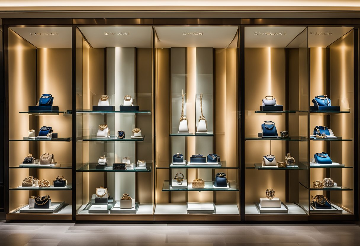 A luxurious display of Bvlgari collections, featuring elegant jewelry, watches, and accessories, arranged on sleek, modern display cases with soft, ambient lighting