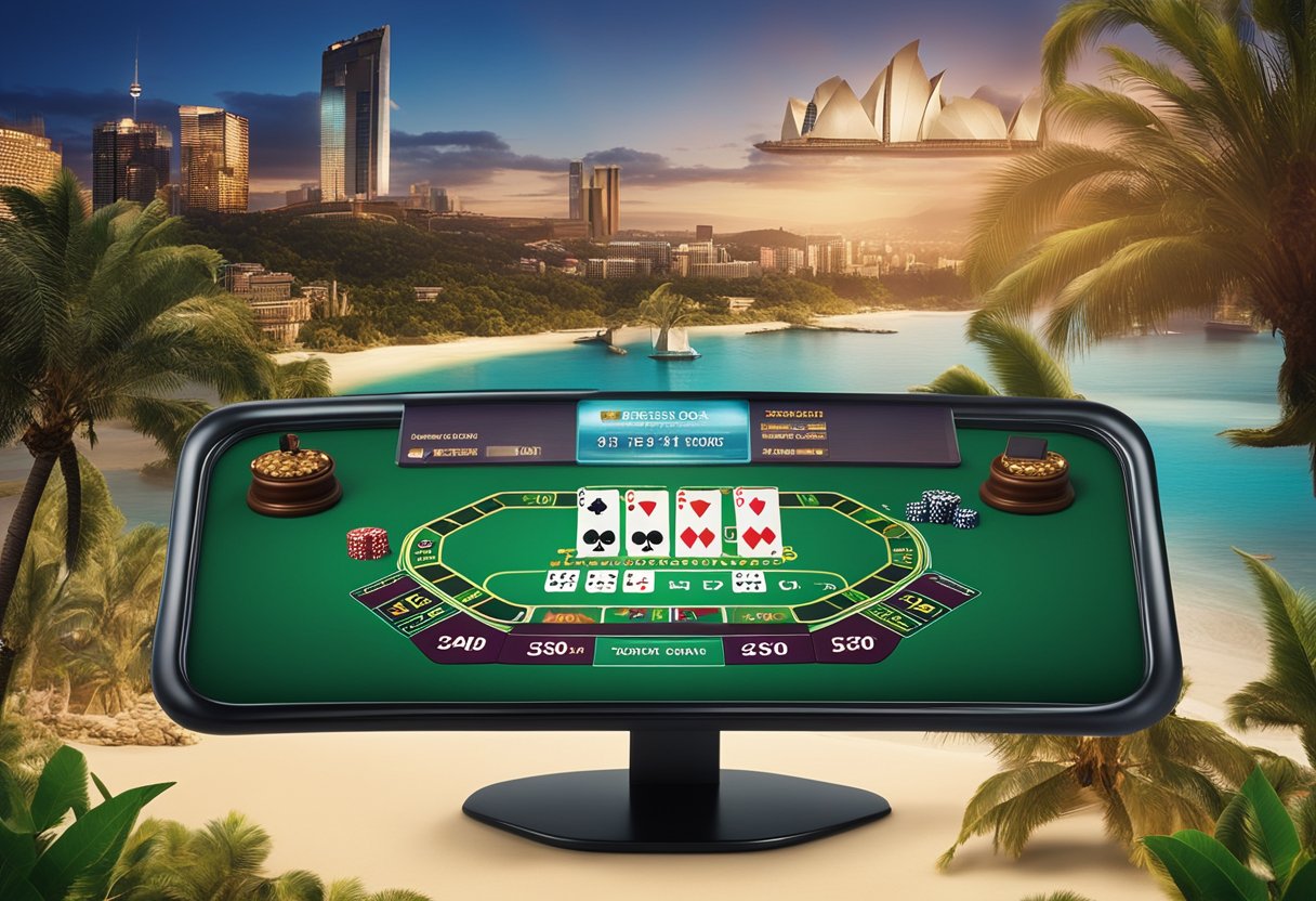 A digital screen displays an online blackjack game with virtual cards and chips, set against a backdrop of Australian landmarks and wildlife