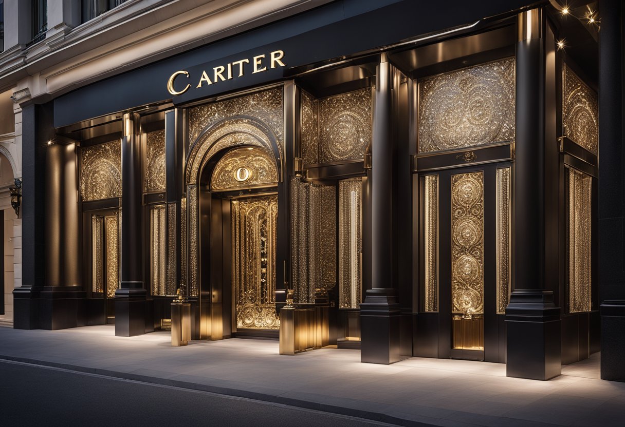 A luxurious storefront with a grand entrance, adorned with intricate metalwork and sparkling lights, showcasing the prestigious Cartier brand