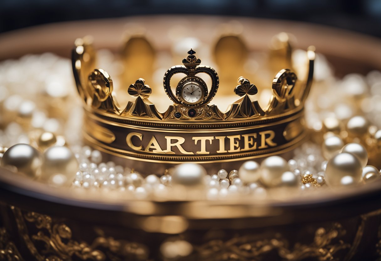 The Cartier logo emerges from a vintage treasure chest, surrounded by opulent jewels and luxurious timepieces. A regal crown sits atop the logo, symbolizing the brand's royal heritage