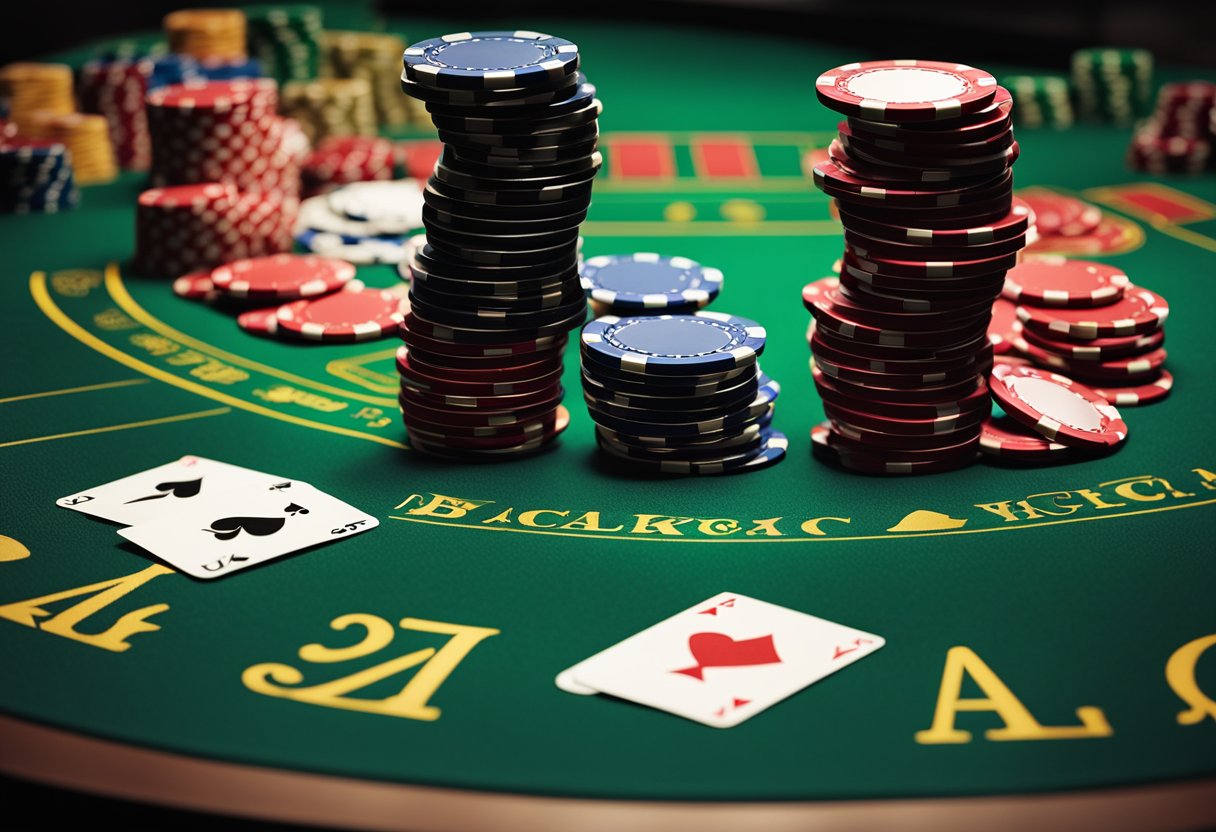 A digital screen displays a virtual blackjack table with cards and chips, accompanied by rules and instructions for online play