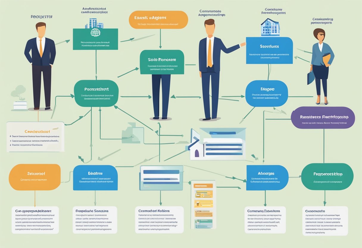 A real estate agent stands beside a flowchart showing various business structures. The options include sole proprietorship, partnership, LLC, and corporation. Each structure is labeled and connected by arrows, demonstrating the different pathways available to agents