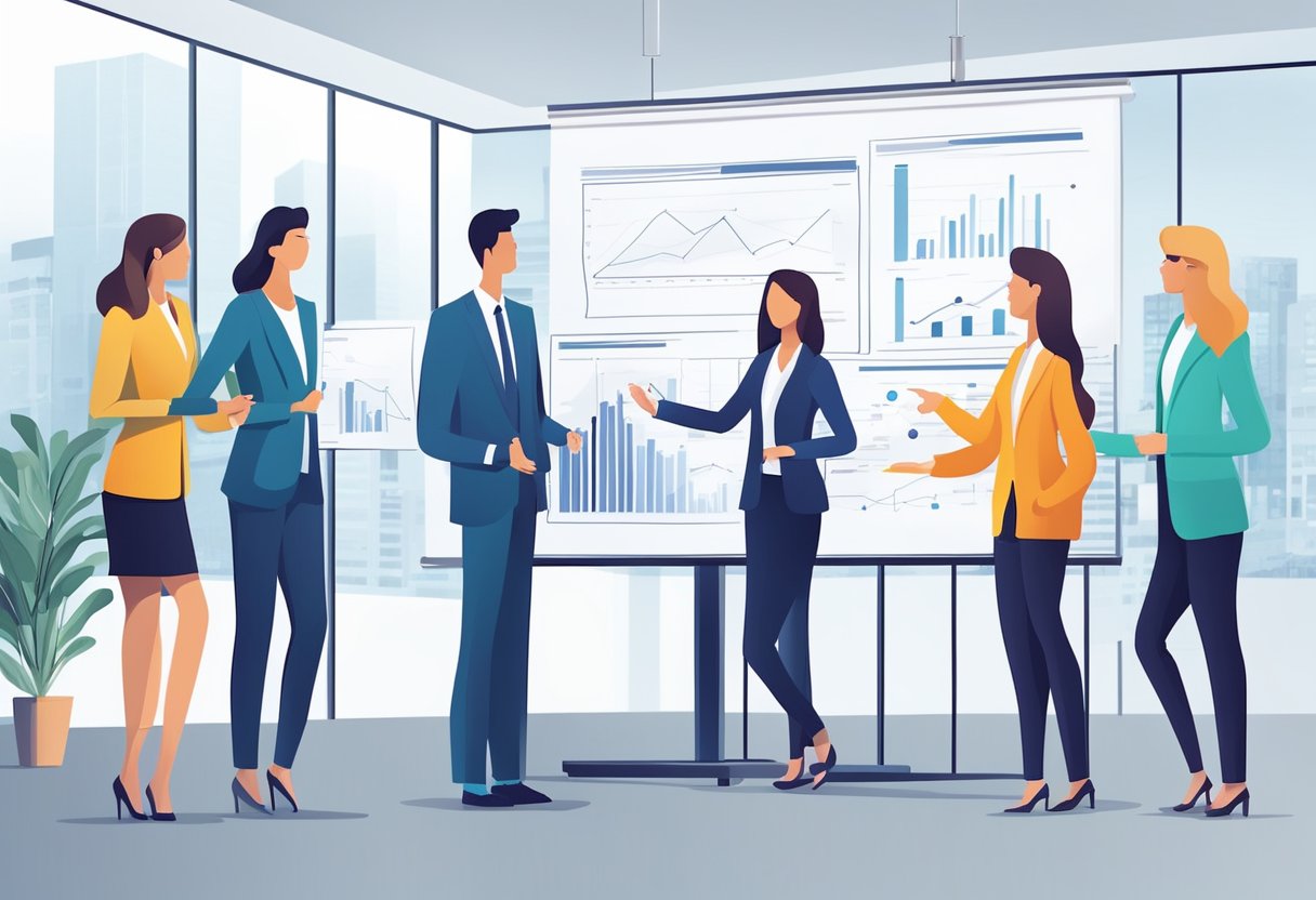 Real estate agents collaborate in a modern office, discussing business structures and partnership opportunities. A whiteboard displays diagrams and charts