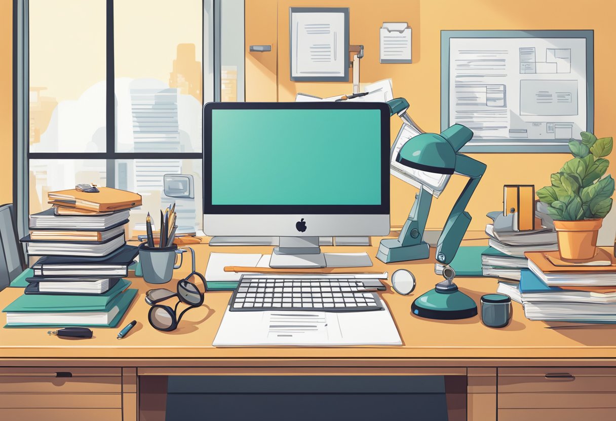 A person weighing career options with career advice and career tools on a desk