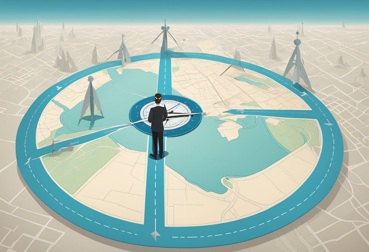 A person standing at a crossroads, contemplating different career paths. A map and compass symbolize strategic decision-making and career planning