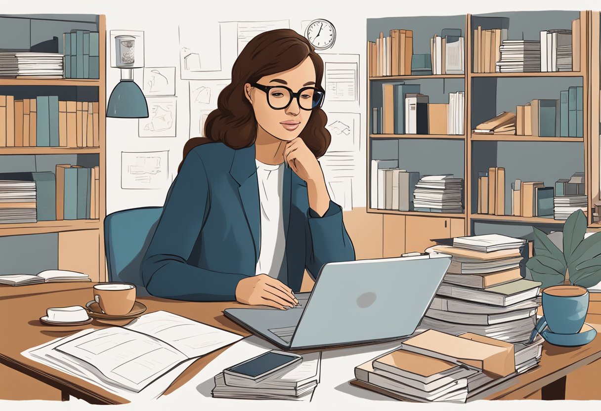 A person contemplating career choices, surrounded by books, a laptop, and a vision board. A cup of coffee sits on the desk