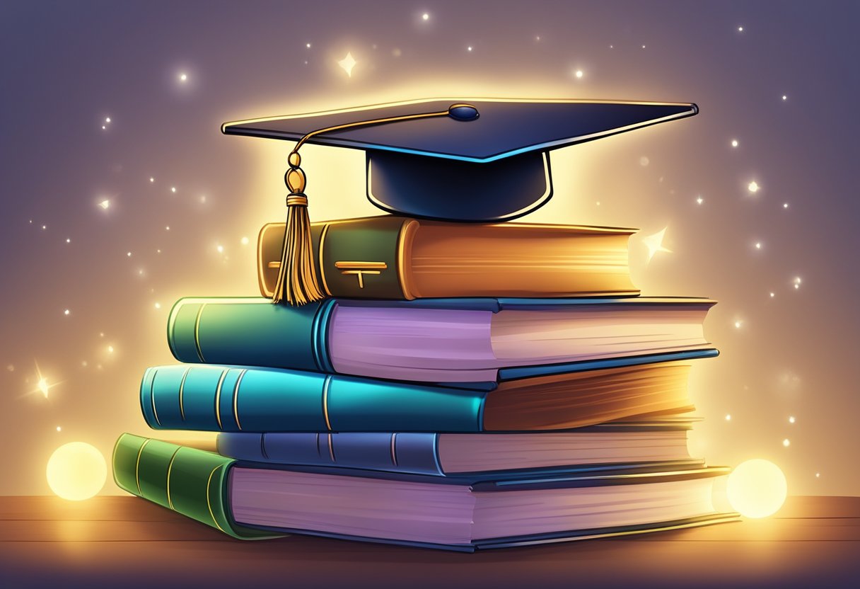 A stack of books surrounded by a glowing light, with a graduation cap resting on top, symbolizing the lifelong benefits of continuous education