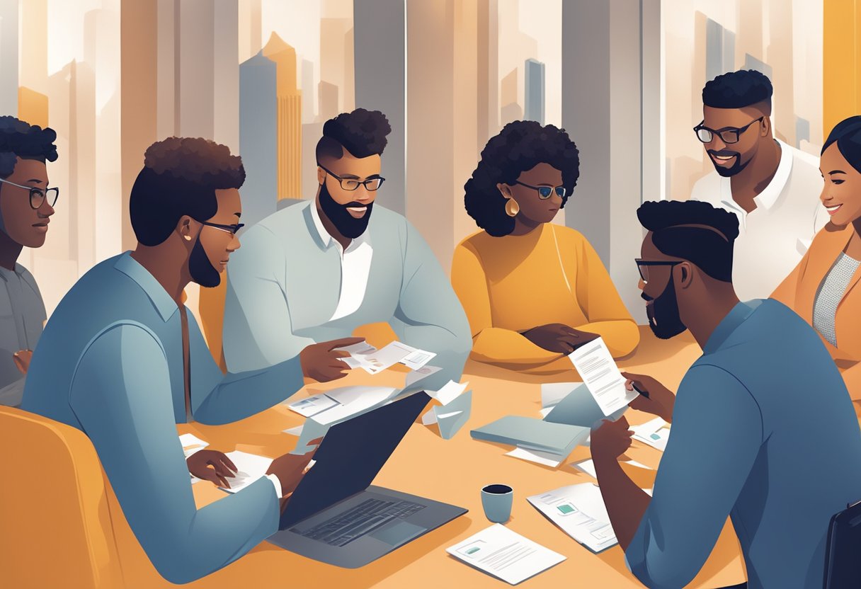 A group of diverse individuals engage in conversation, exchanging business cards and information. They gather in a professional setting, surrounded by symbols of communication and connection