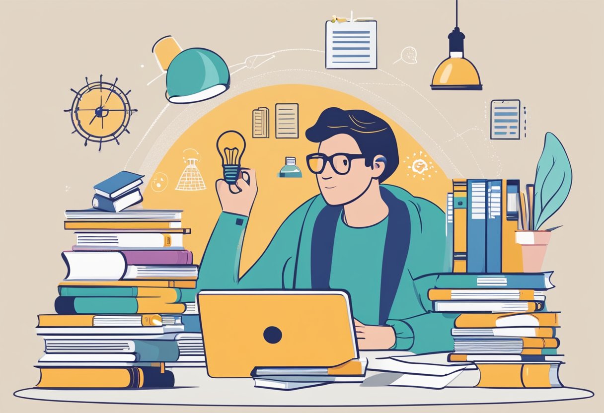 A person sits at a desk, surrounded by books and papers, searching online for mentorship programs. A lightbulb hovers above their head, symbolizing the benefits of finding the right mentor