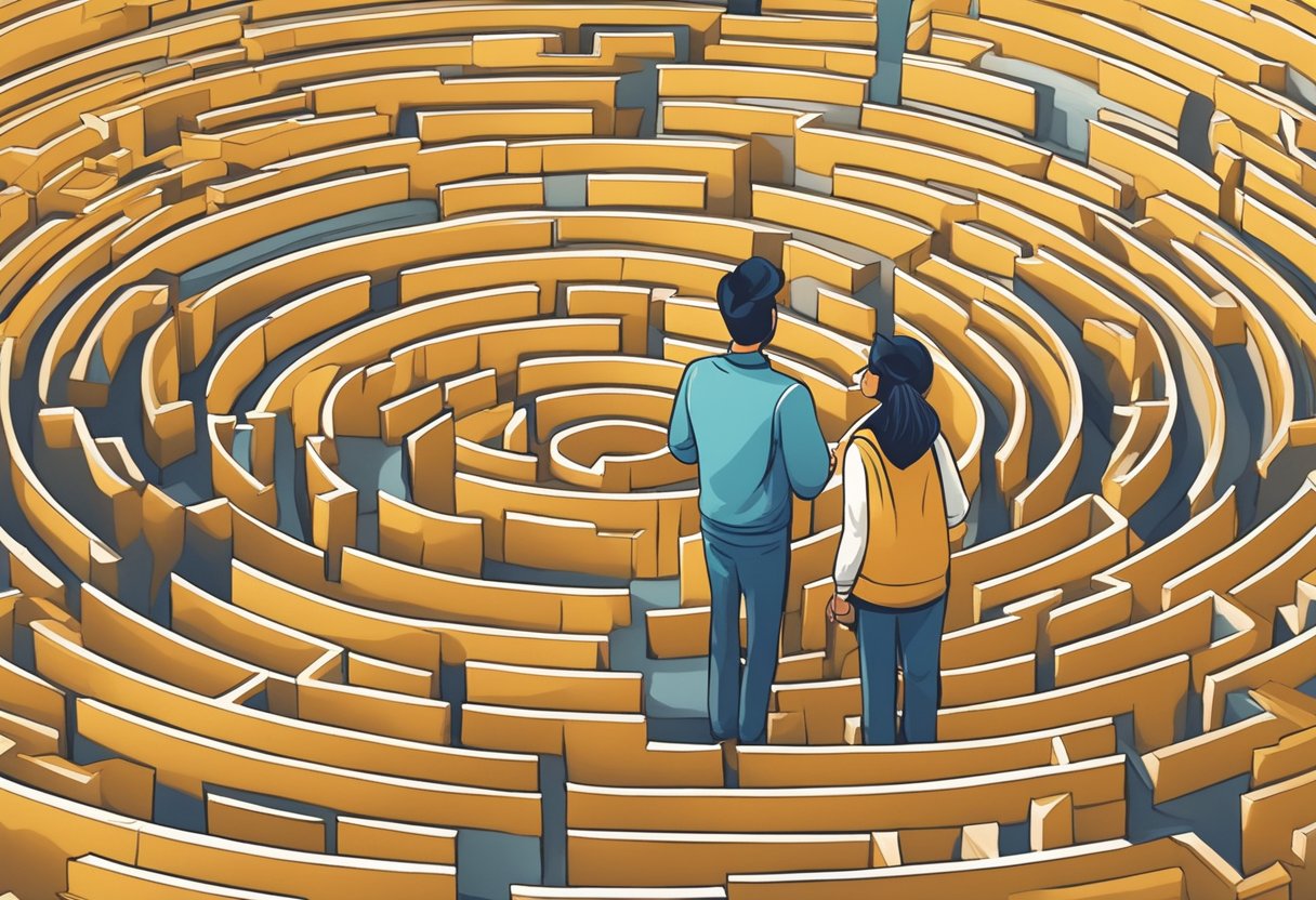 A mentor guiding a mentee through a maze of opportunities, offering support and wisdom along the way