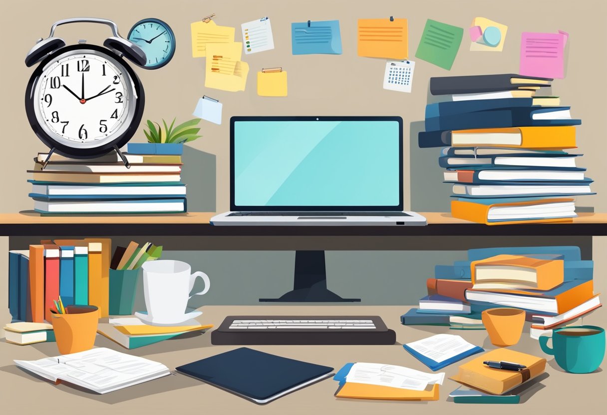 A cluttered desk with a laptop, books, and a calendar. A clock shows the passing time. A person multitasks, balancing work and study materials