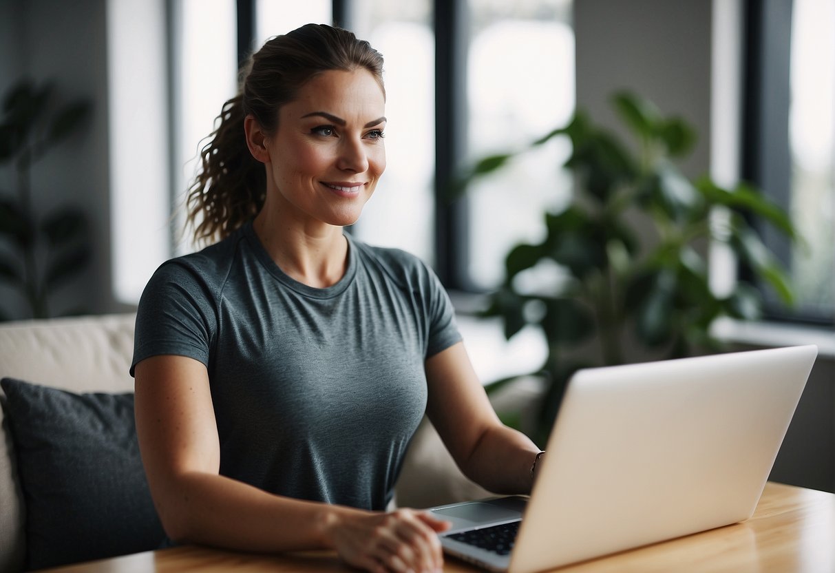 A woman follows an online coach's workout routine, using a laptop and exercise equipment in a bright, spacious room