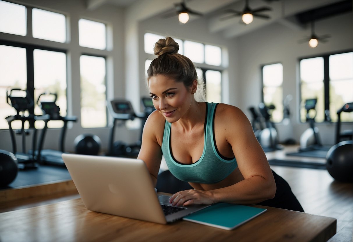 A woman follows an online coach's workout plan, using a laptop and exercise equipment in a bright, modern home gym