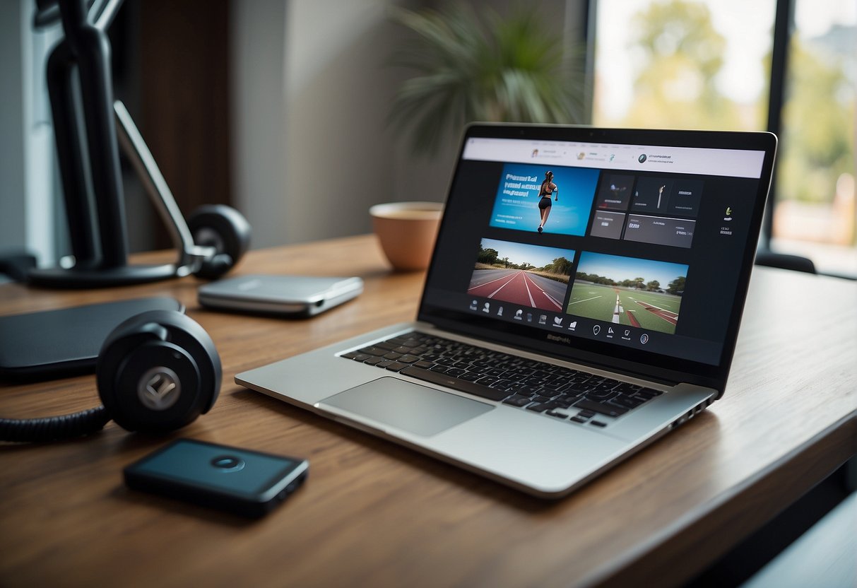 A laptop displaying a workout video with a female coach, surrounded by exercise equipment and motivational posters