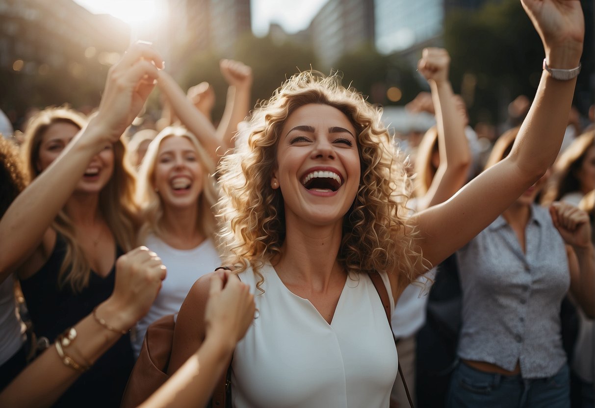 Women celebrate conclusion of online coaching, cheering and smiling