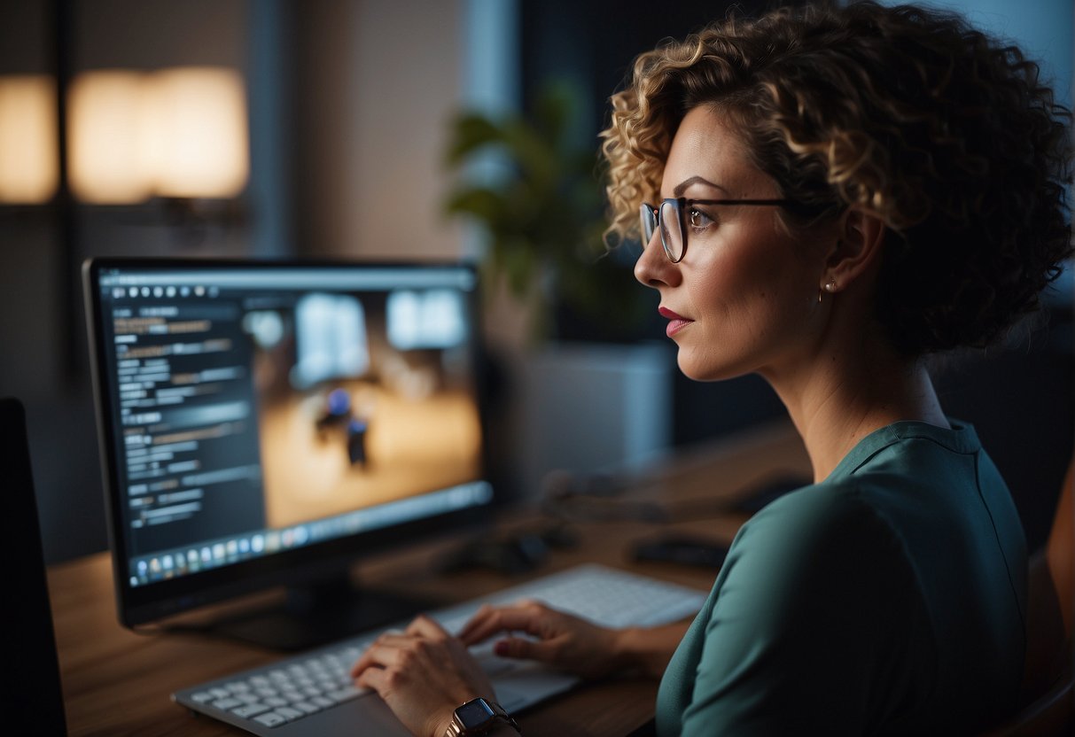 A woman watches a computer screen, taking notes as an online coach leads a training session on Frequently Asked Questions