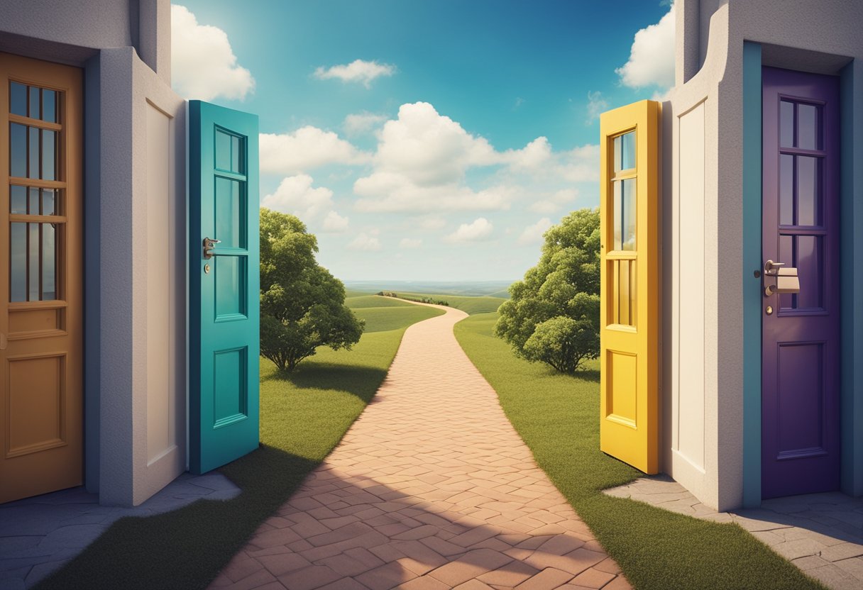 A colorful, winding path leading to a variety of doors, each representing a different career or life path option. Above, a bright, open sky symbolizing endless possibilities