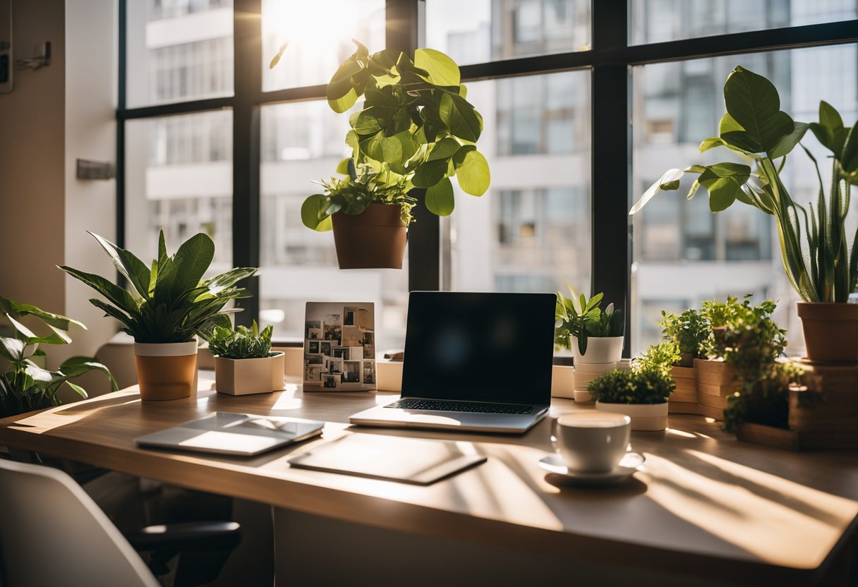 A colorful and vibrant office space with motivational posters, plants, and a vision board. A desk with a laptop, notebook, and a cup of coffee. The sun shining through the window, casting a warm glow