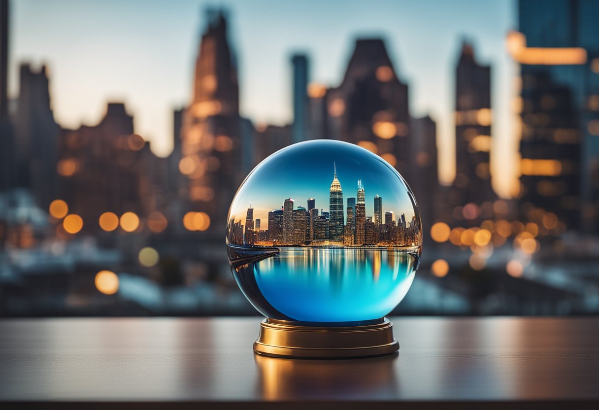 A colorful crystal ball sits on a desk, reflecting a vibrant city skyline with a mix of traditional and futuristic elements