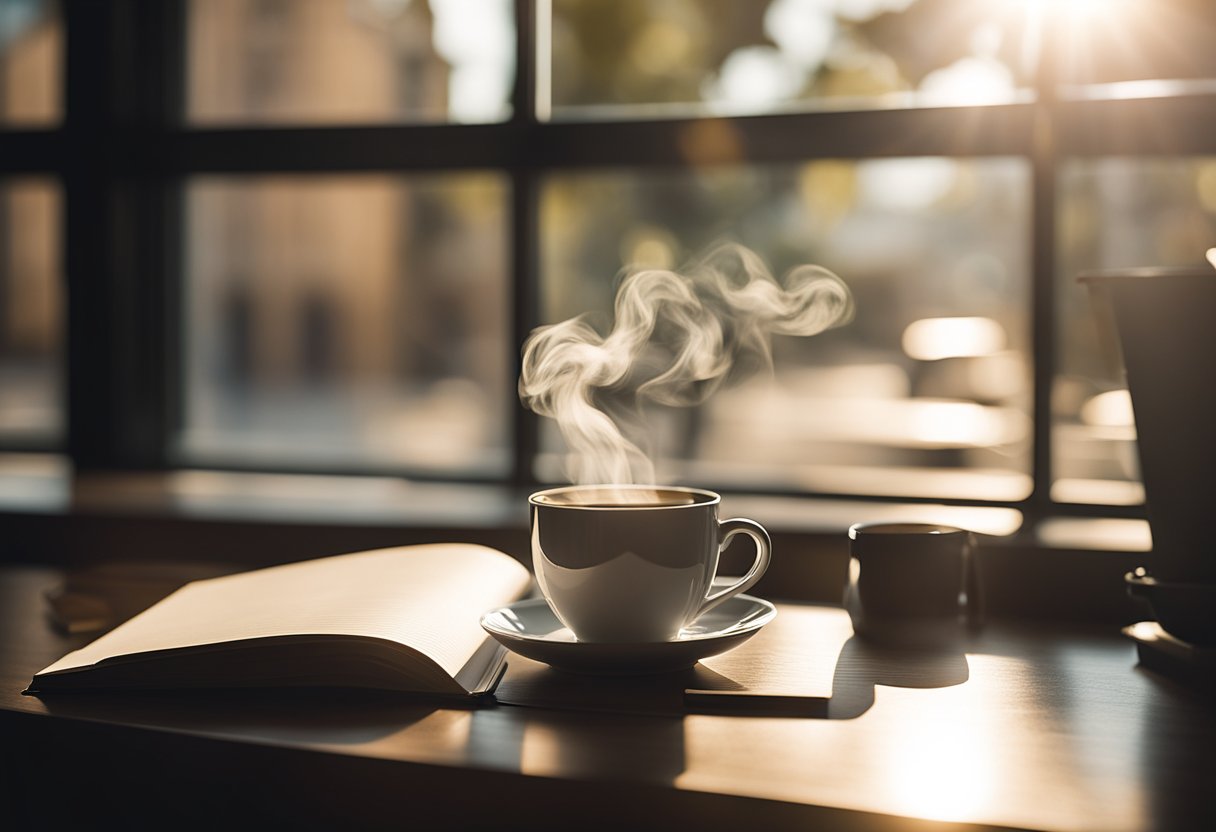 A steaming cup of coffee sits next to a notebook and pen on a clean desk, with a bright morning light streaming in through the window