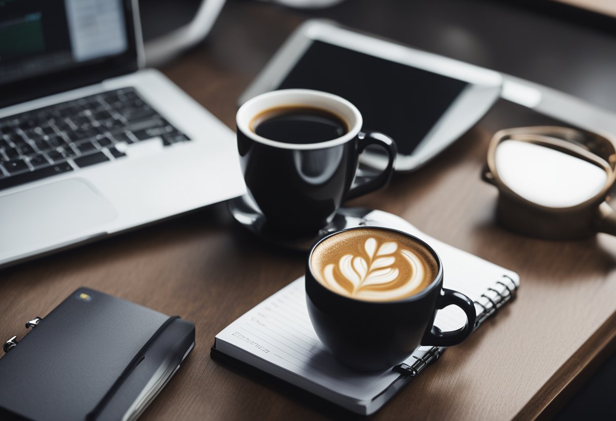 A desk with a planner, a clock, and a cup of coffee. A laptop open to a productivity app. A notepad with a list of tasks