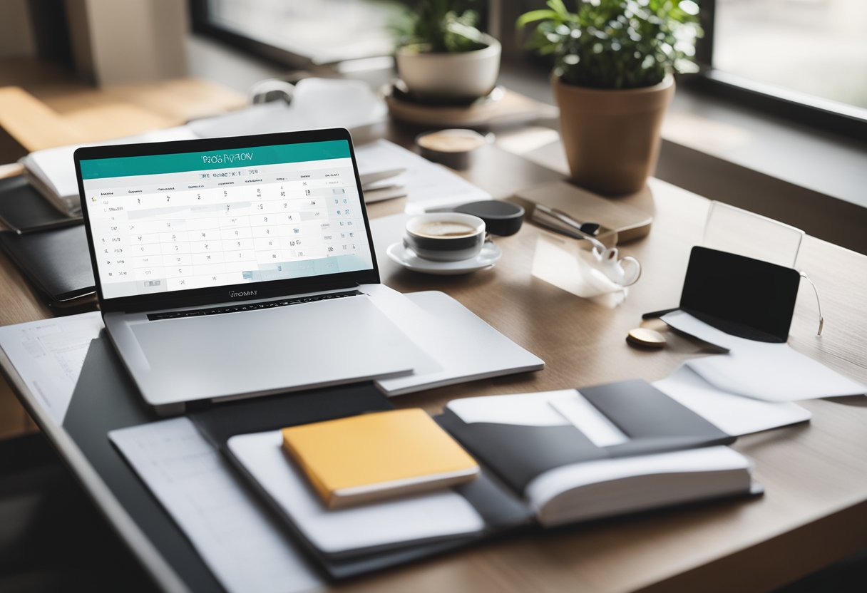 A desk with a neatly organized planner, a steaming cup of coffee, a laptop open to a productivity app, and a bright window letting in natural light