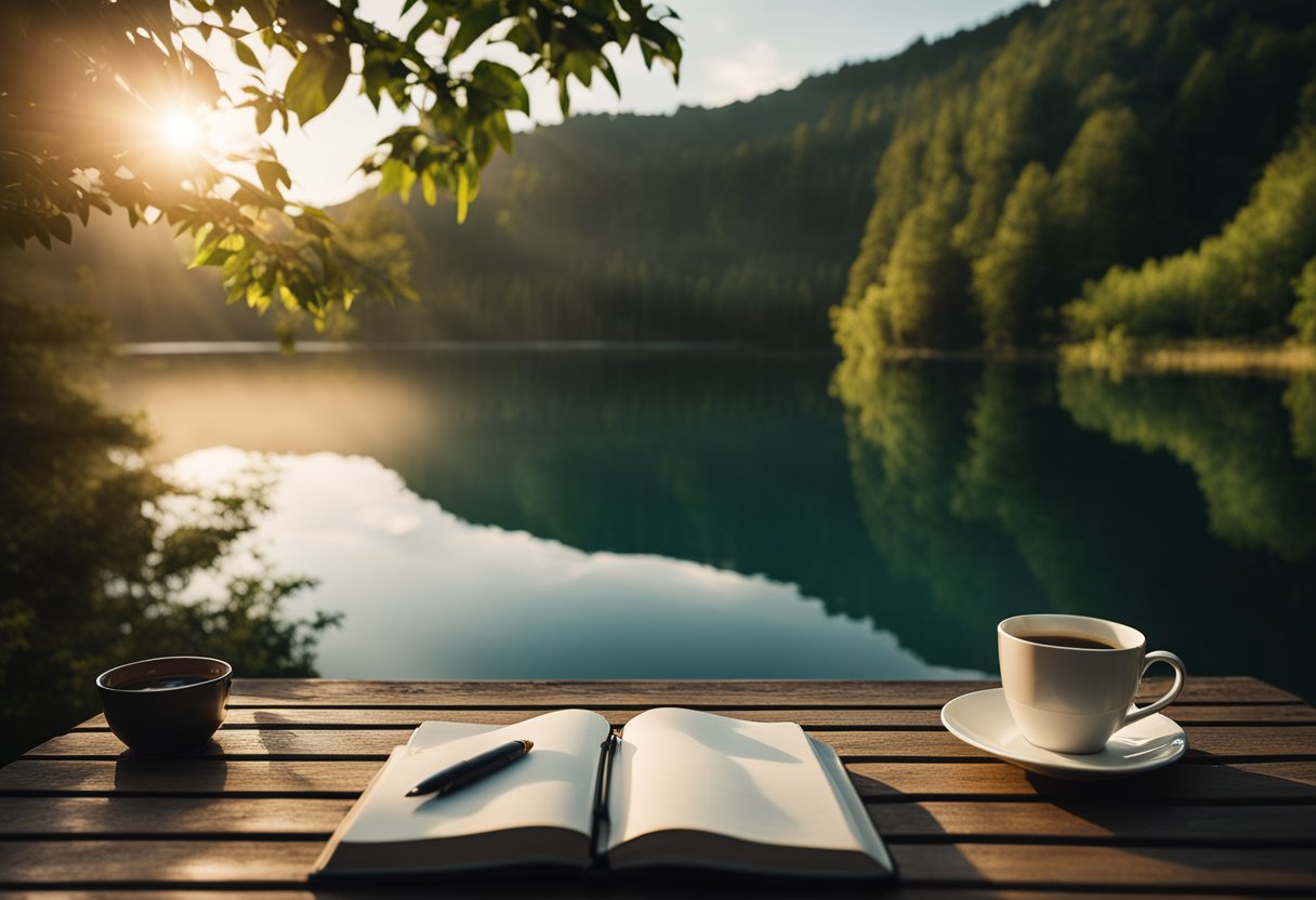 A serene lake reflects the setting sun, surrounded by lush greenery. A journal and pen sit on a wooden dock, alongside a steaming cup of tea