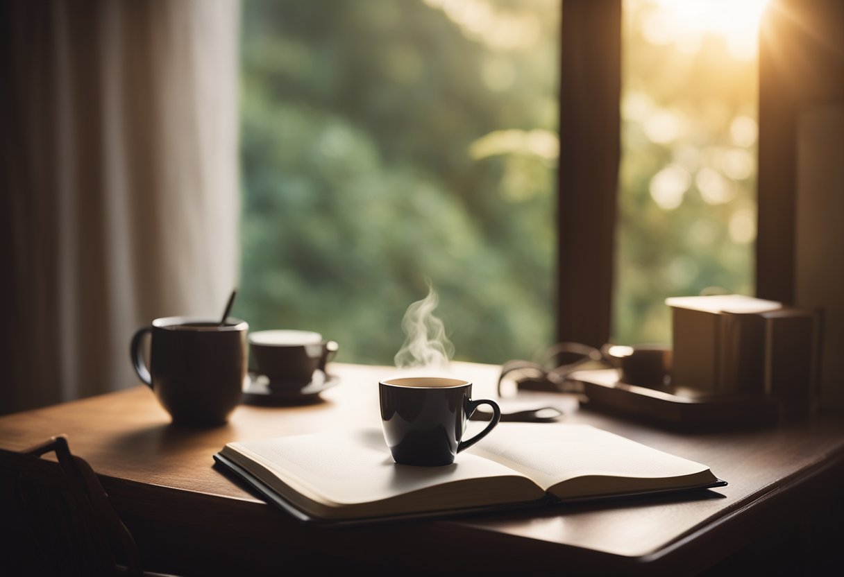A cozy, sunlit room with a desk, journal, and pen. A steaming cup of coffee sits nearby. The window shows a peaceful outdoor scene, inviting reflection and creativity