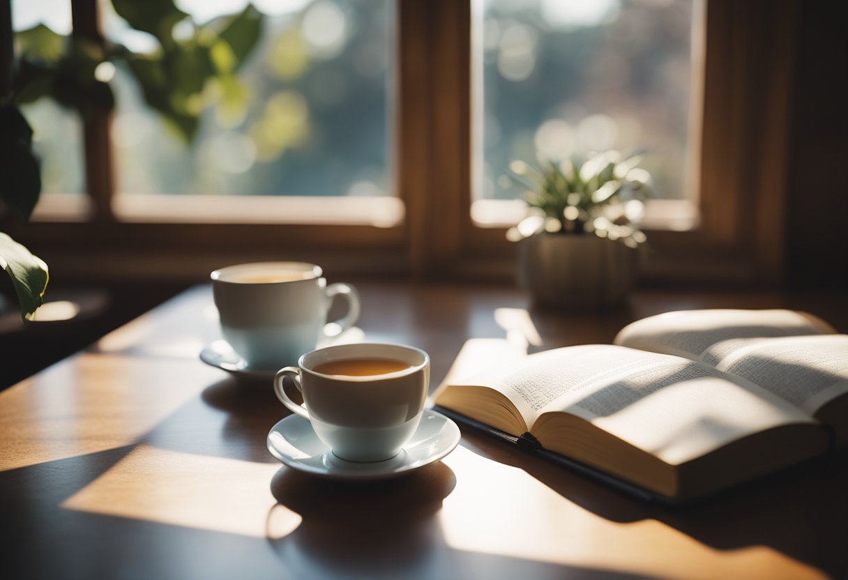 A cozy corner with a journal, pen, and a cup of tea. Soft morning light streams in through a window, creating a peaceful atmosphere for reflection and intention-setting
