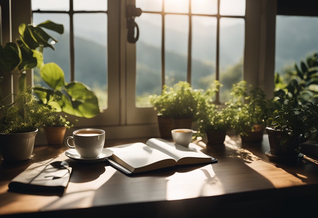 A cozy morning scene with a journal, pen, and cup of tea on a sunlit table, surrounded by plants and a window with a view of nature