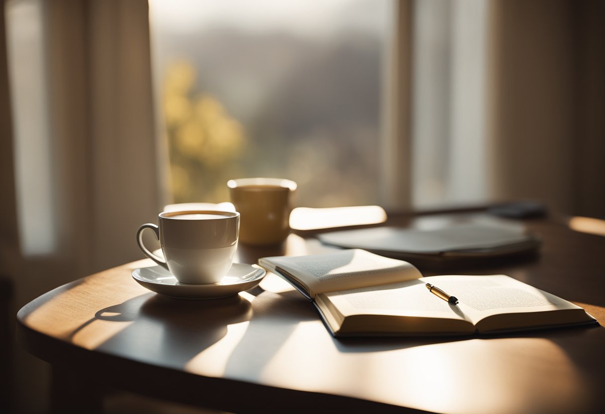 A serene morning scene with a journal, pen, and a cup of tea on a table. Soft sunlight filters through a window, casting a warm glow on the peaceful setting