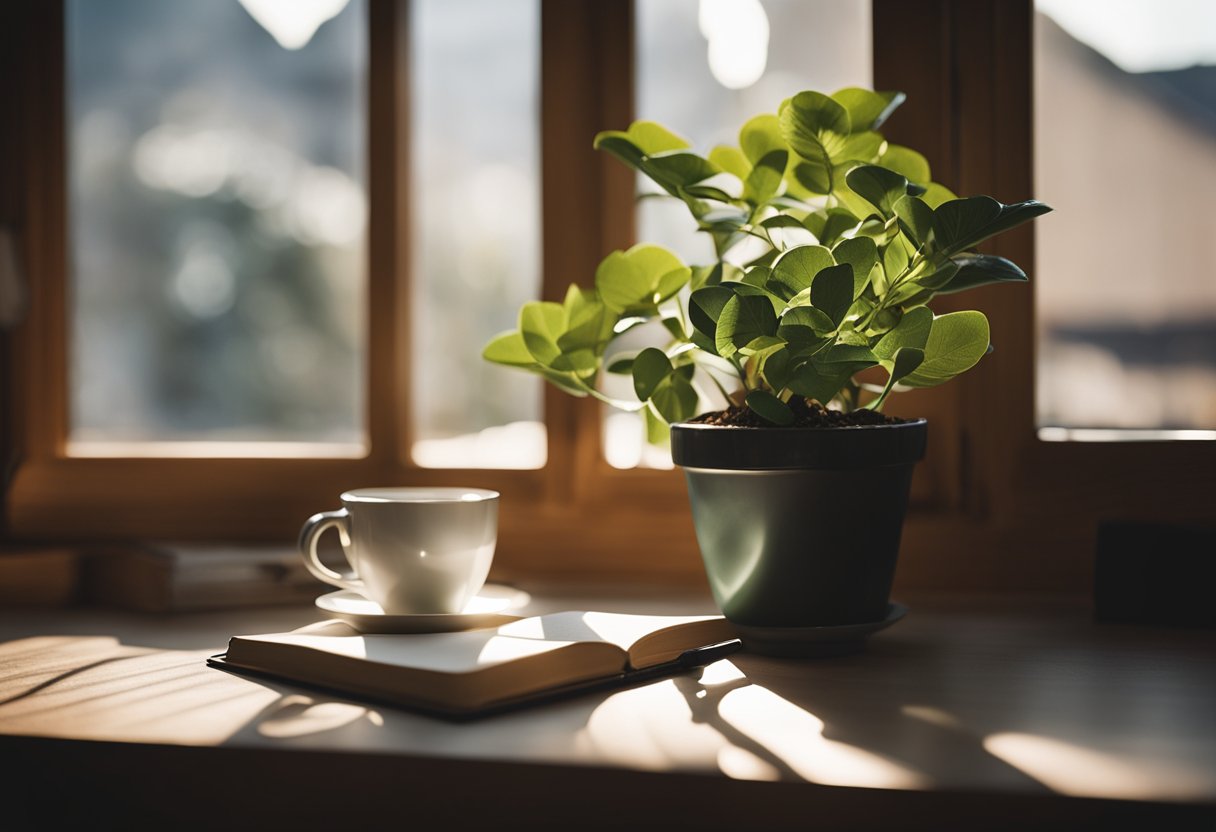 A cozy corner with a journal, pen, and warm beverage. Sunlight streaming through a window, casting soft shadows on the page. A potted plant adds a touch of greenery