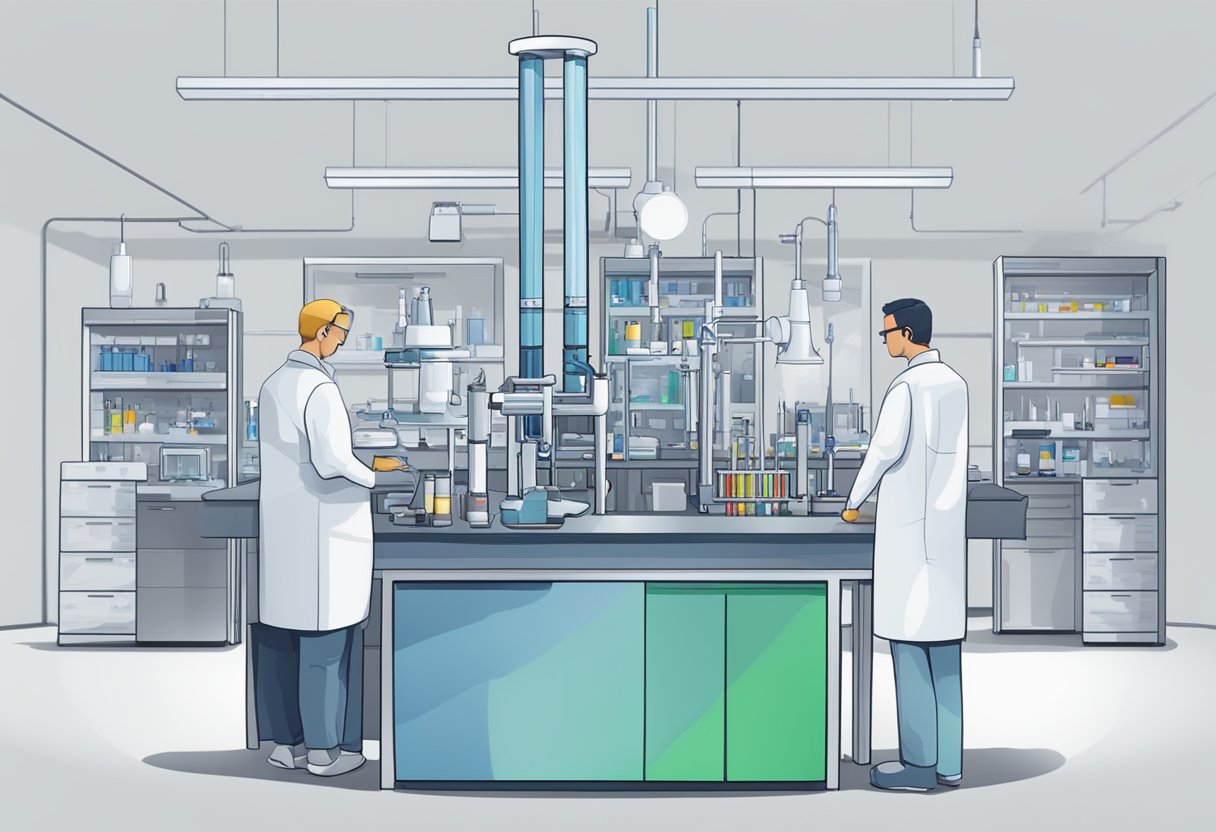 A laboratory setting with scientific equipment and NuviaLab branding prominently displayed