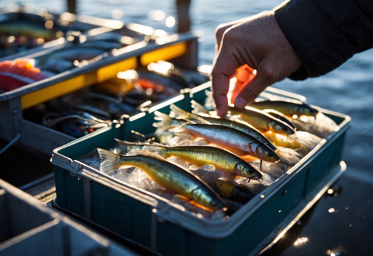 A hand reaches into a tackle box, selecting a colorful ice fishing jig from a variety of options. The jig is held up against the light, its reflective surface catching the sun's rays