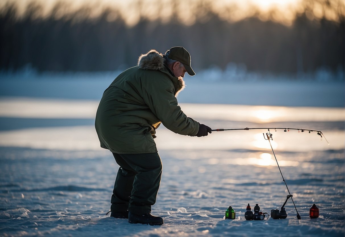 A fisherman expertly jigs an ice fishing rod, with various jigs and lures displayed nearby