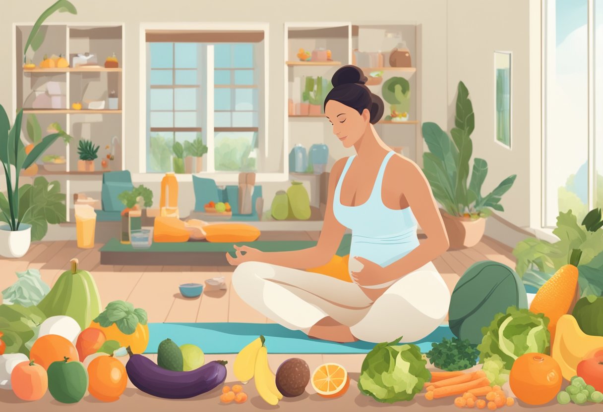 A serene pregnant woman surrounded by healthy foods, prenatal vitamins, and exercise equipment in a bright, airy room