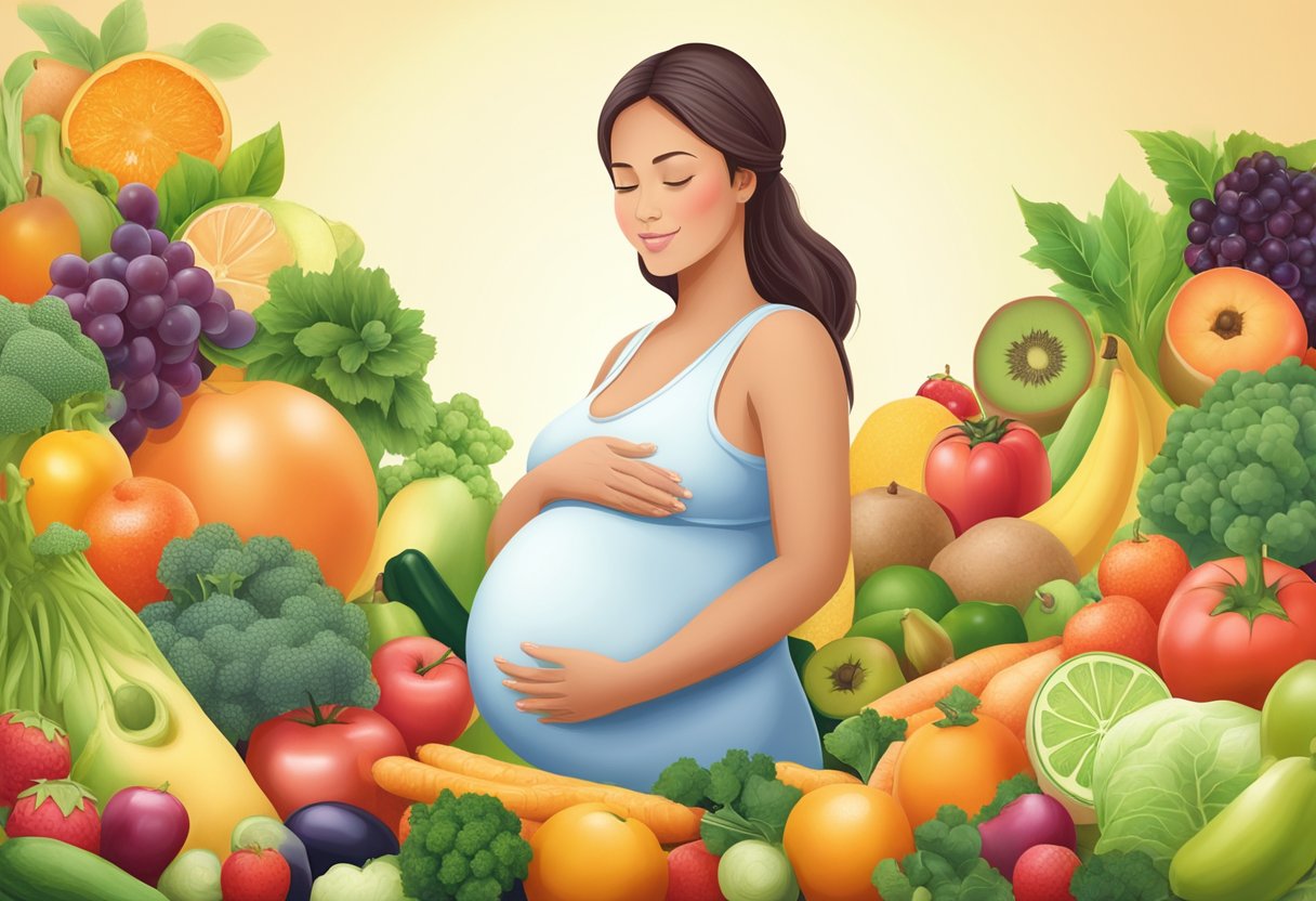 A serene pregnant woman surrounded by healthy fruits, vegetables, and prenatal vitamins. A gentle glow emanates from her, symbolizing her inner beauty and health during pregnancy