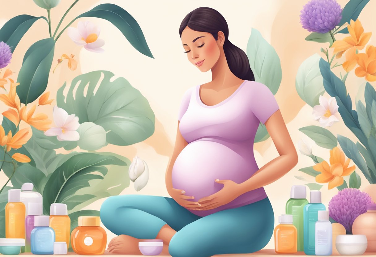 A serene pregnant woman surrounded by beauty and wellness products, with a focus on prenatal care and health