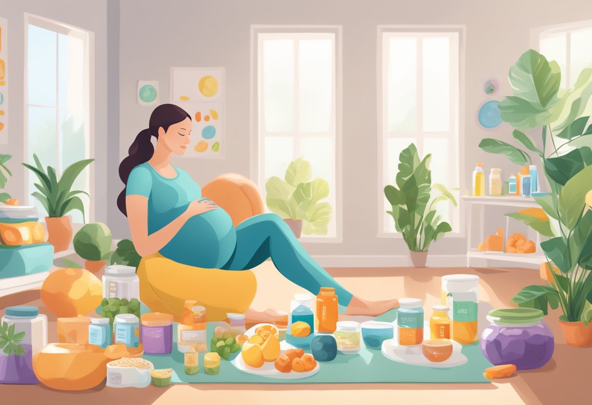 A serene pregnant woman surrounded by prenatal vitamins, healthy snacks, exercise equipment, and relaxation aids in a bright, airy room