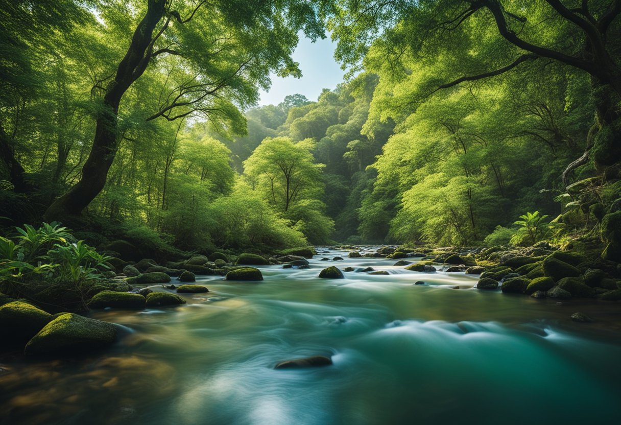 A lush forest with diverse flora and fauna, a flowing river, and clear blue skies, showcasing the natural beauty and importance of biodiversity conservation