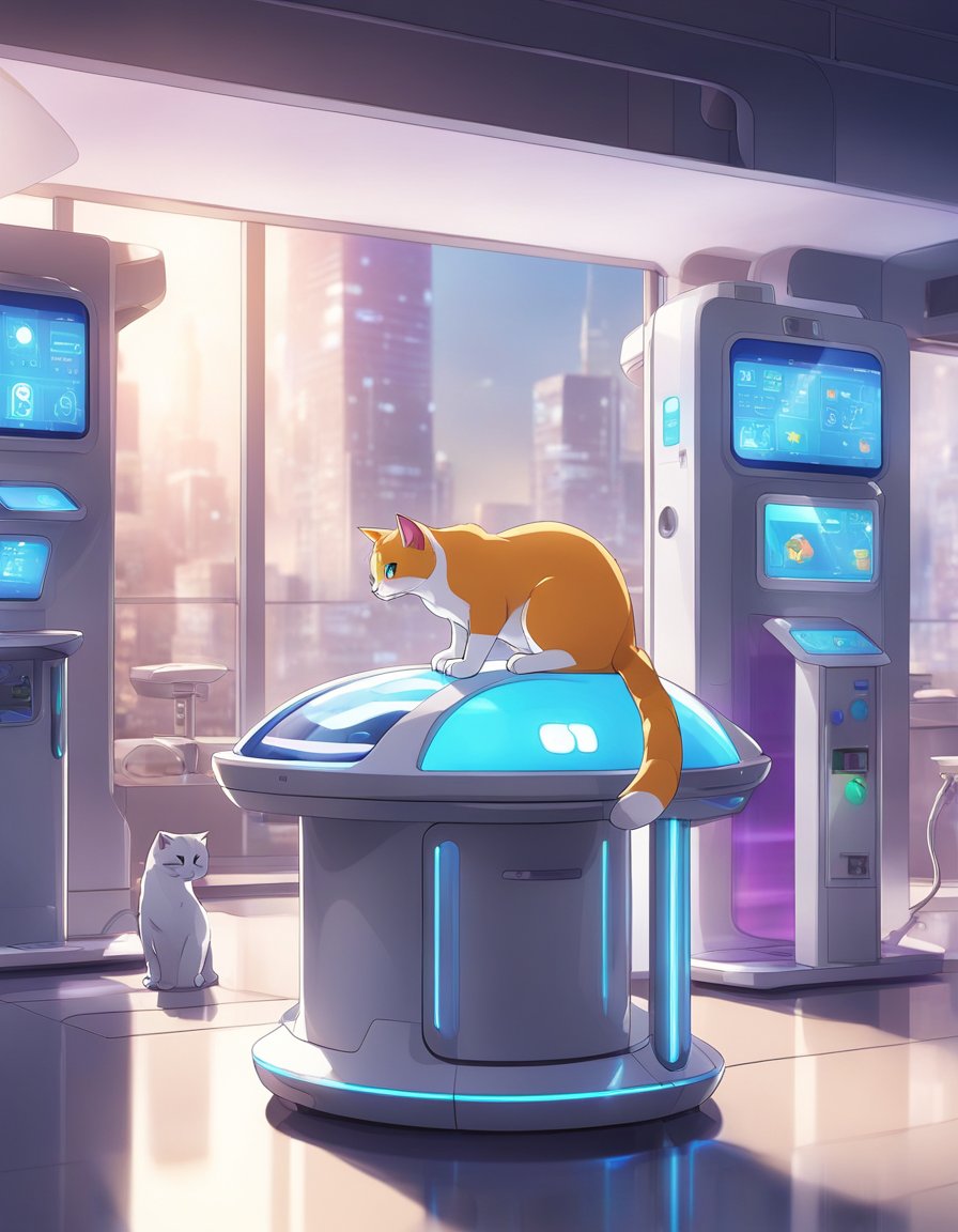 A sleek, futuristic cat care station with automated feeding, grooming, and health monitoring devices.</p><p>LED lights and touch screen displays add a modern touch