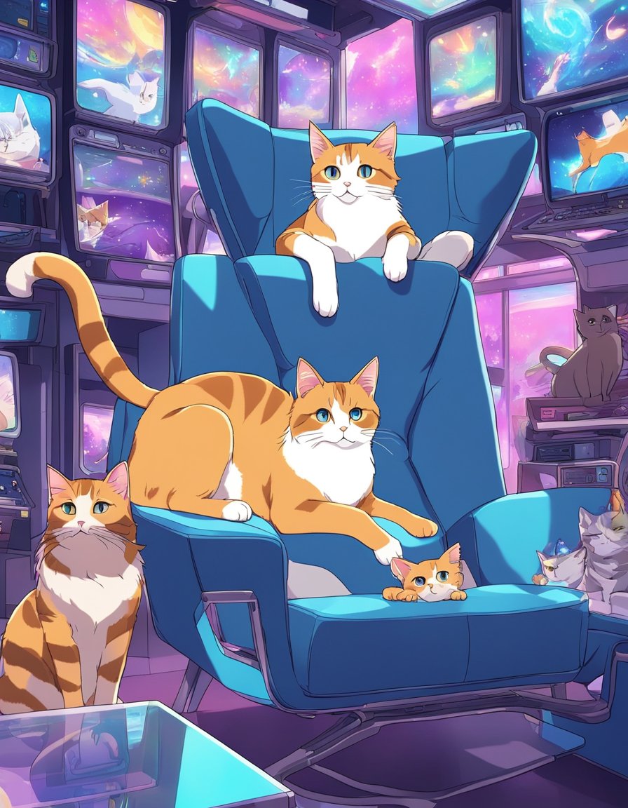 Cats lounging on futuristic furniture, surrounded by holographic screens displaying cat-themed media and pop culture references