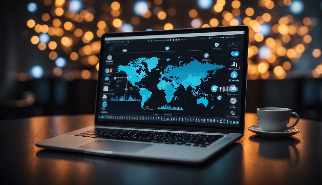 A laptop with a glowing screen displaying various social media icons surrounded by digital marketing graphs and charts