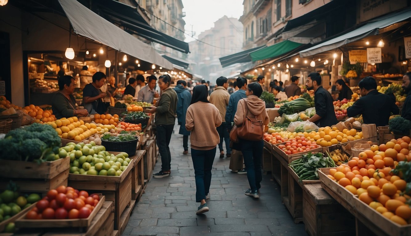 A bustling marketplace with vendors selling colorful fruits and vegetables, while customers browse and chat animatedly