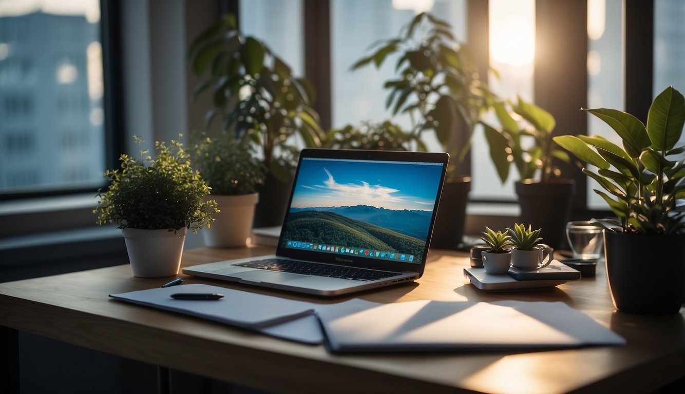 A desk with a laptop, notepads, and pens. A comfortable chair, a plant, and good lighting. A tidy, organized space with a window view