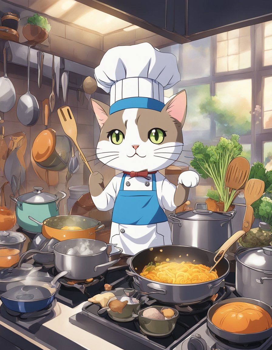 A cat chef wearing a chef's hat and apron, stirring a pot on a stove while surrounded by various cooking ingredients and utensils