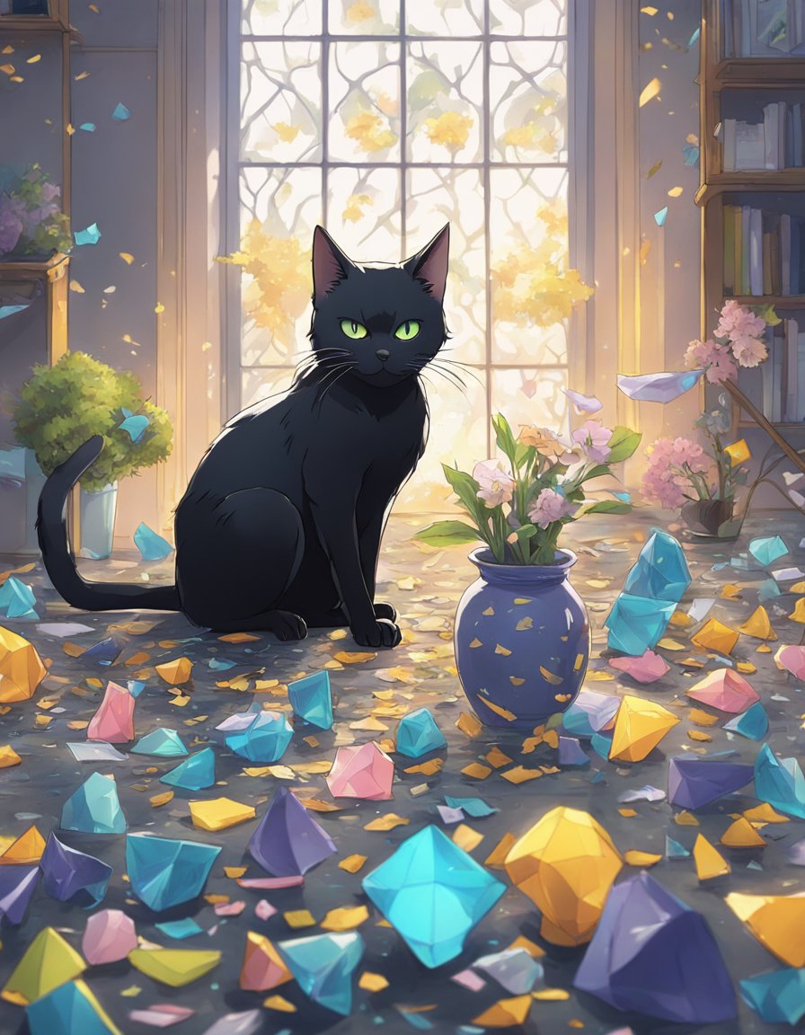 A black cat examines a broken vase, pawing at scattered shards