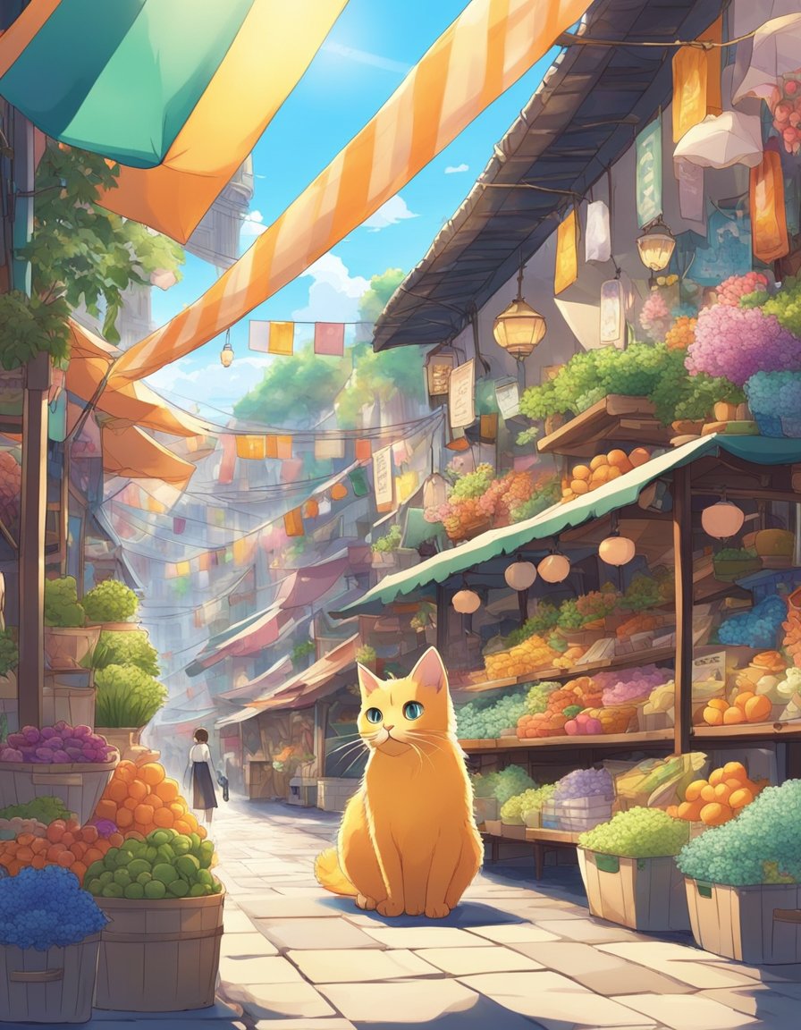 A curious cat explores a vibrant marketplace, surrounded by colorful stalls and exotic goods.</p><p>The feline's wide eyes take in the bustling activity and the array of scents that fill the air