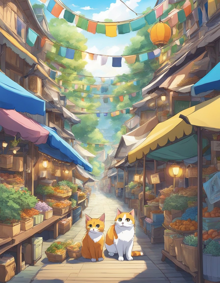 A curious cat explores a bustling marketplace, weaving through colorful stalls and interacting with local wildlife.</p><p>The cat's wide-eyed wonder captures the essence of feline wanderlust