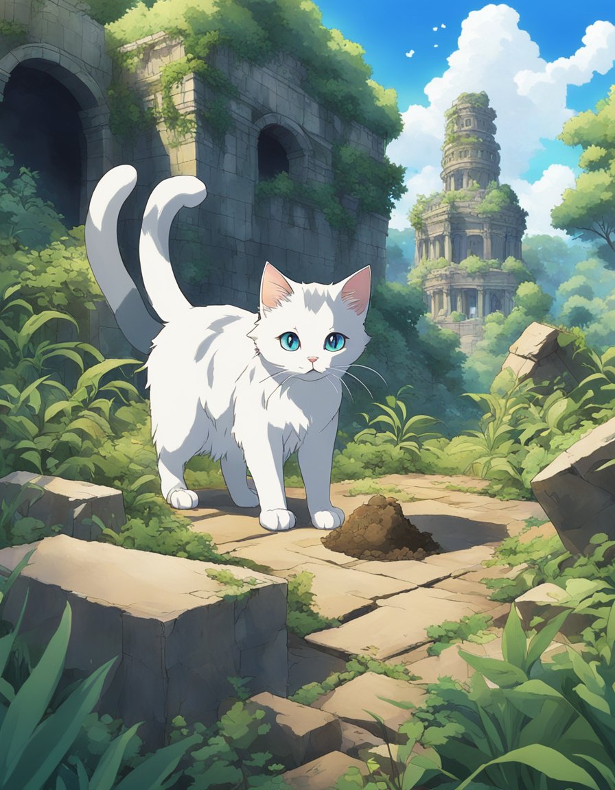 A cat carefully digs up an ancient artifact from the earth, surrounded by crumbling ruins and overgrown vegetation